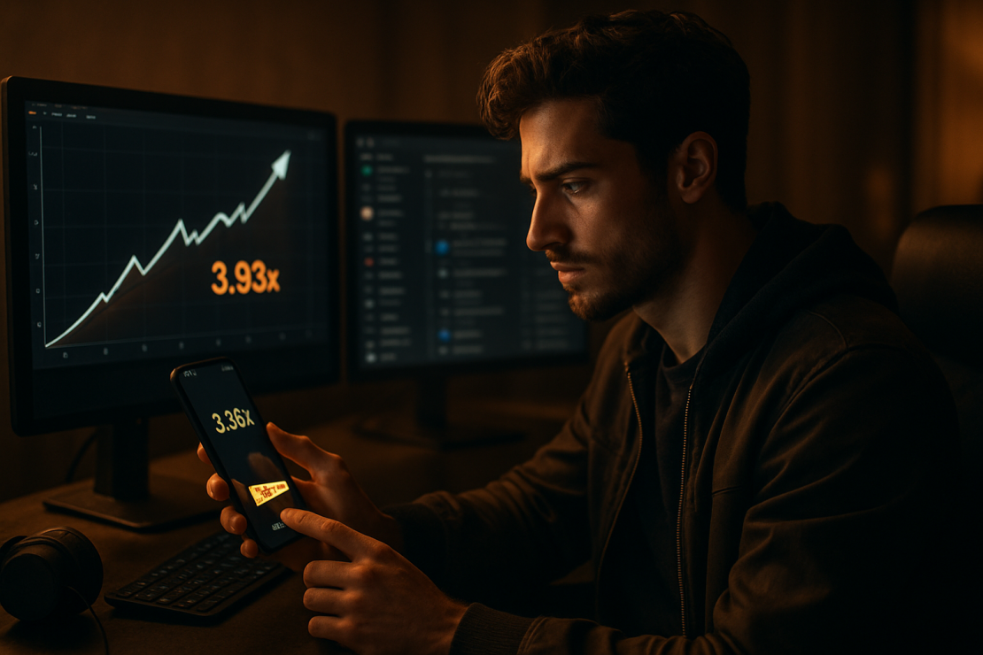 Stylish young adult male at gaming setup with graphs showing crash game multipliers