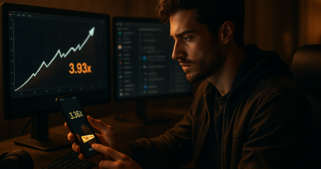 Stylish young adult male at gaming setup with graphs showing crash game multipliers