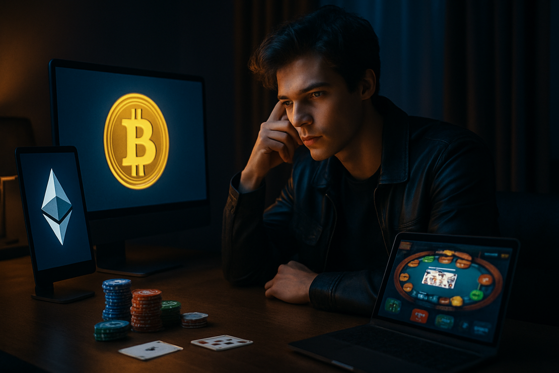 Young adult at desk with cryptocurrency symbols and casino games