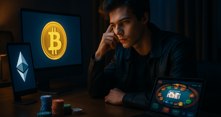 Young adult at desk with cryptocurrency symbols and casino games