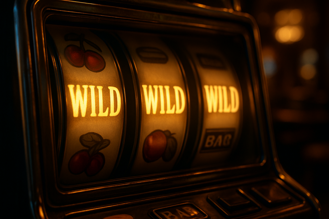 Close-up of slot machine reels with glowing sticky wild symbols amid traditional icons