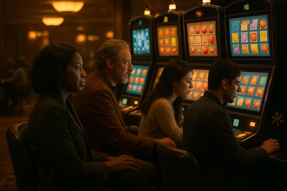 Players at seasonal themed slot machines in a stylish casino interior