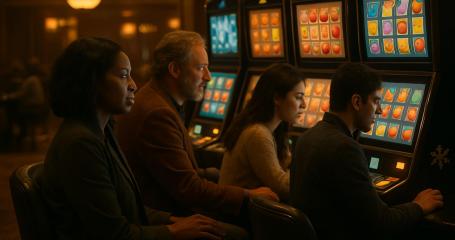 Players at seasonal themed slot machines in a stylish casino interior